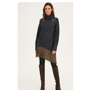 Love Sex Money Brand Navy Taupe Turtleneck Italian Knit Fringe Sweater Size L